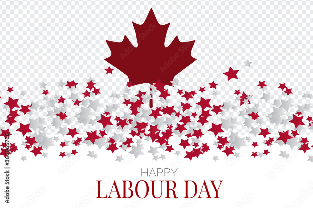 Happy Labour Day background. National flag colors of Canada. White and red stars. Tranpslarent overlay banner. Vector illustration.