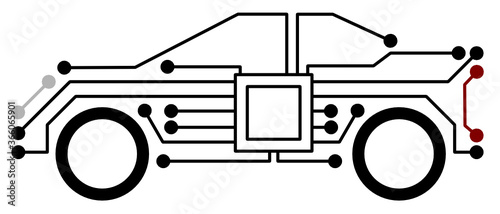 Simple vector illustration of a modern car with digital circuits showing the electronics and artificial intelligence inside which can be used as a logo photo