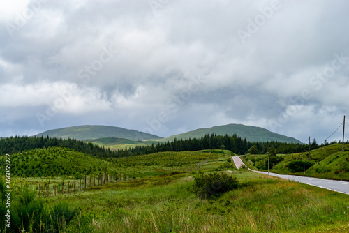Photography of Scottish highlands with a road leading into the horizon with mountains in the background under a cloudy sky.