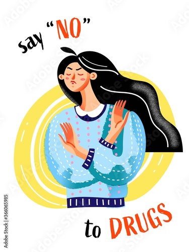 Say no to drugs concept. Angry young woman showing stop to narcotic, negative hand gesture. Vector character illustration of rejection of bad addiction or habits, healthy lifestyle, medical design.