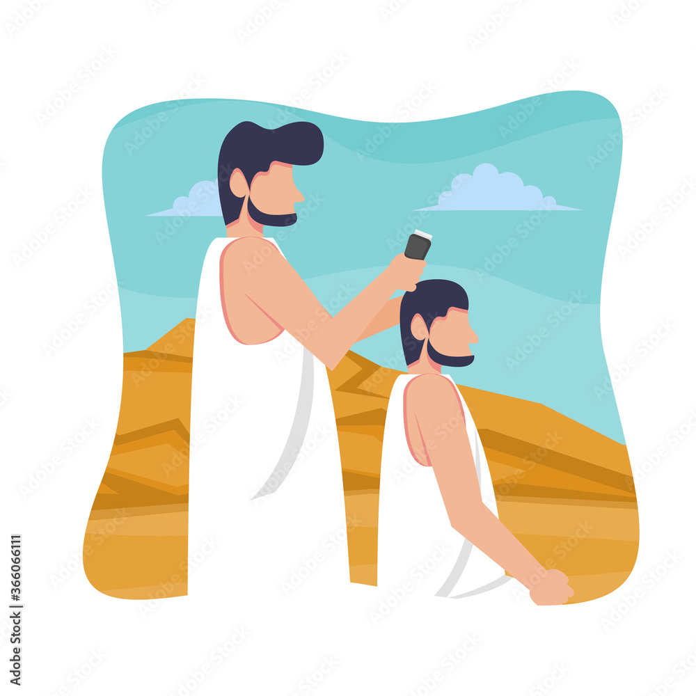 Hajj and umrah islamic pilgrimage ritual guide design. Flat style