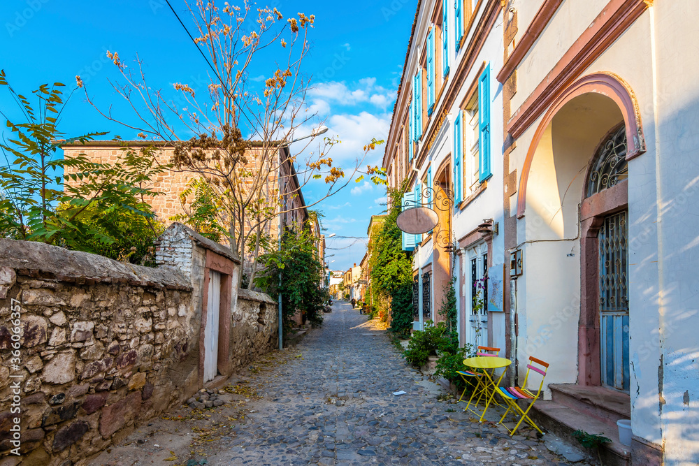 Fototapeta premium Colorful historical street view in Cunda Island of Ayvalik Town.