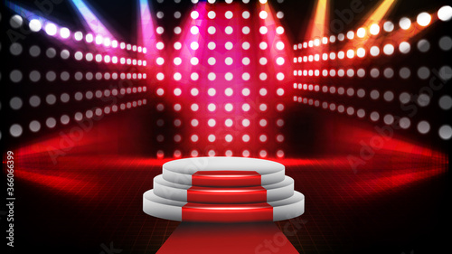 abstract futuristic background of red empty stage Stairs covered with red carpet and lighting spotlgiht stage background