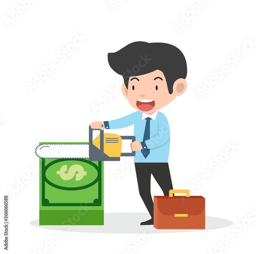 Business man sawing Stack of banknotes photo