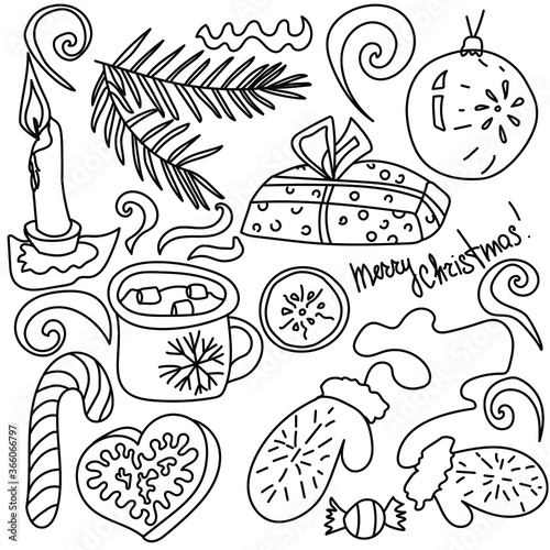 Set of Christmas doodle elements, hand draw vector illustration, X-mas cute drawings