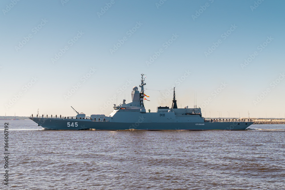 Military Corvette STOIKIY project 20380 passes near Kronstadt during the rehearsal of the naval parade. July 17, 2020.