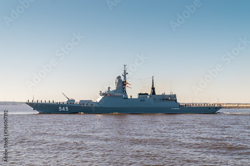 Military Corvette STOIKIY project 20380 passes near Kronstadt during the rehearsal of the naval parade. July 17, 2020.