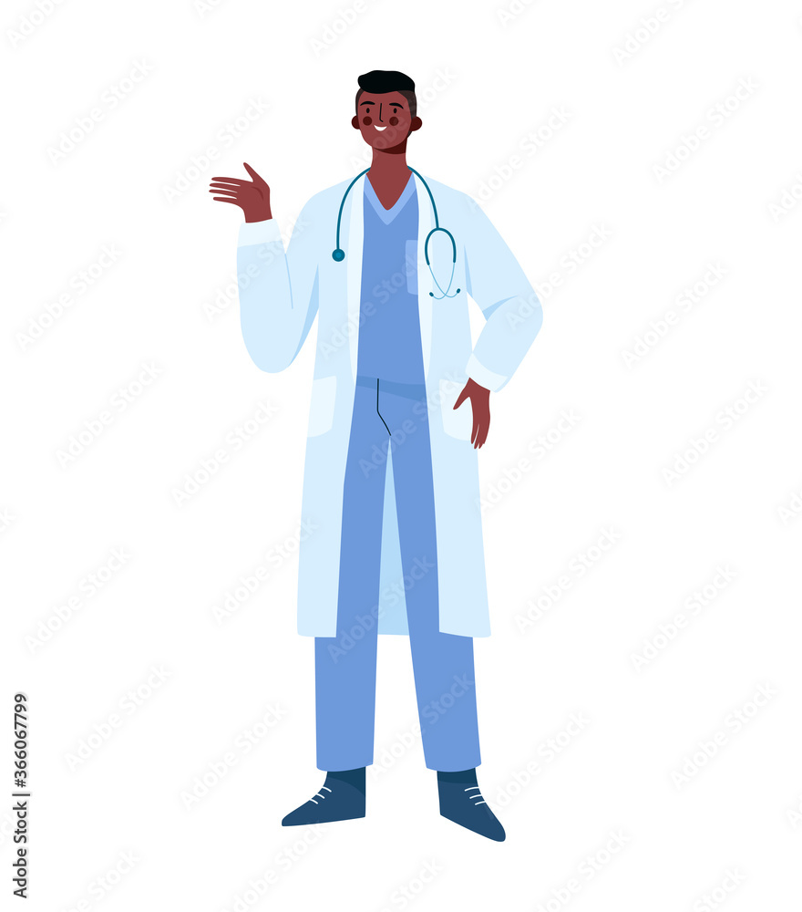 Young professional black man doctor isolated on white background. Medical specialist. Medical staff doctor nurse therapist surgeon professional hospital worker. Cartoon flat vector illustration. Young professional black man doctor isolated on white background. Medical specialist. Medical staff doctor nurse therapist surgeon professional hospital worker. Cartoon flat vector illustration.