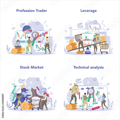 Trader, financial investment concept set. Stock market profit, leverage,
