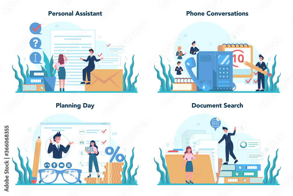 Businessman personal assistant concept set. Professional help Businessman personal assistant concept set. Professional help