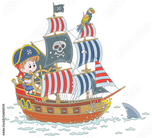 Little boy with a cocked sailor hat and a toy filibuster pistol playing a sea pirate with an old wooden ship steering helm and a funny parrot perched on a mast of a sailboat, vector cartoon