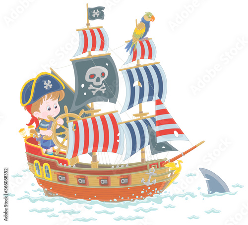 Little boy with a cocked sailor hat and a toy filibuster pistol playing a sea pirate with an old wooden ship steering helm and a funny parrot perched on a mast of a sailboat, vector cartoon