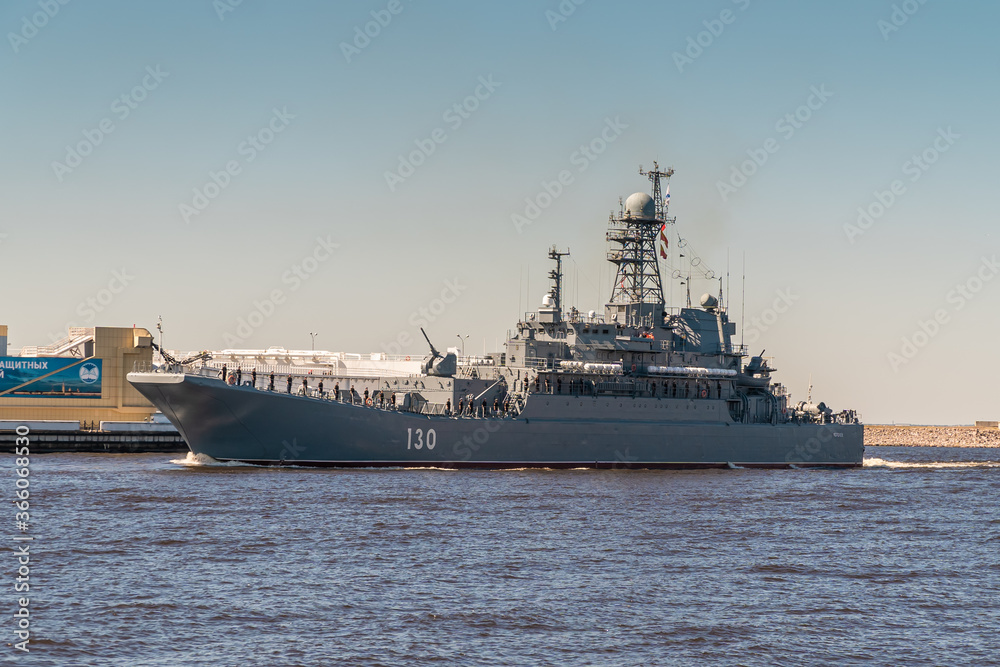 A large landing ship Korolev of project 775 passes near Kronstadt during a rehearsal of the naval parade. July 17, 2020.