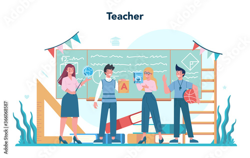 Teacher concept . Profesor standing in front of the blackboard