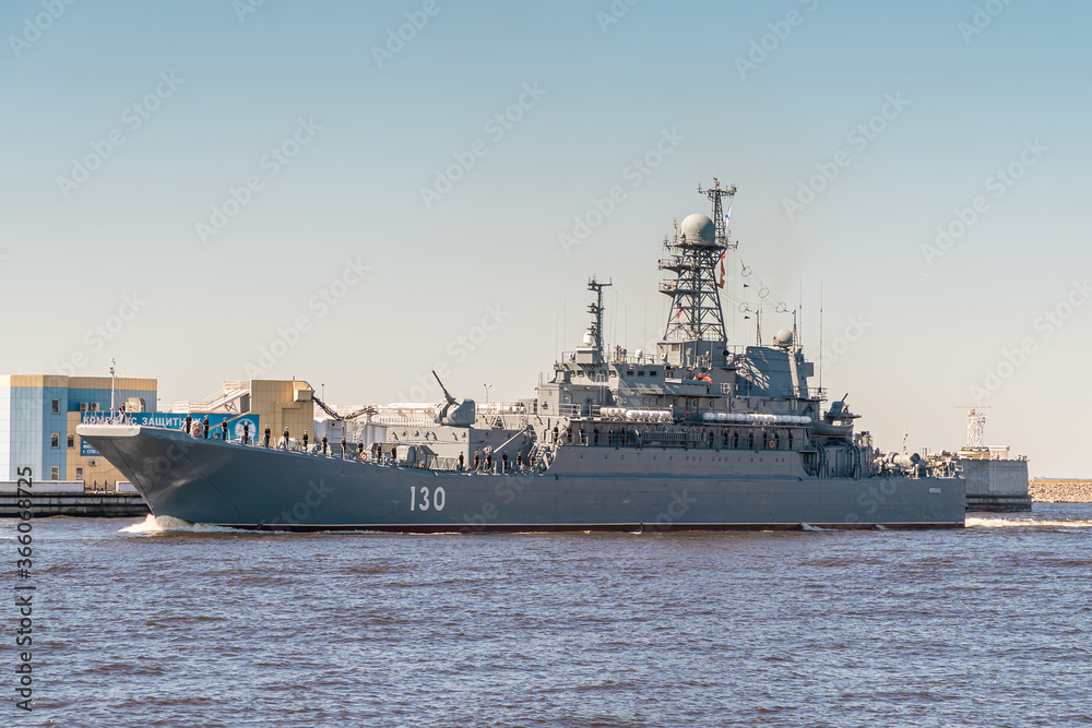 A large landing ship Korolev of project 775 passes near Kronstadt during a rehearsal of the naval parade. July 17, 2020.
