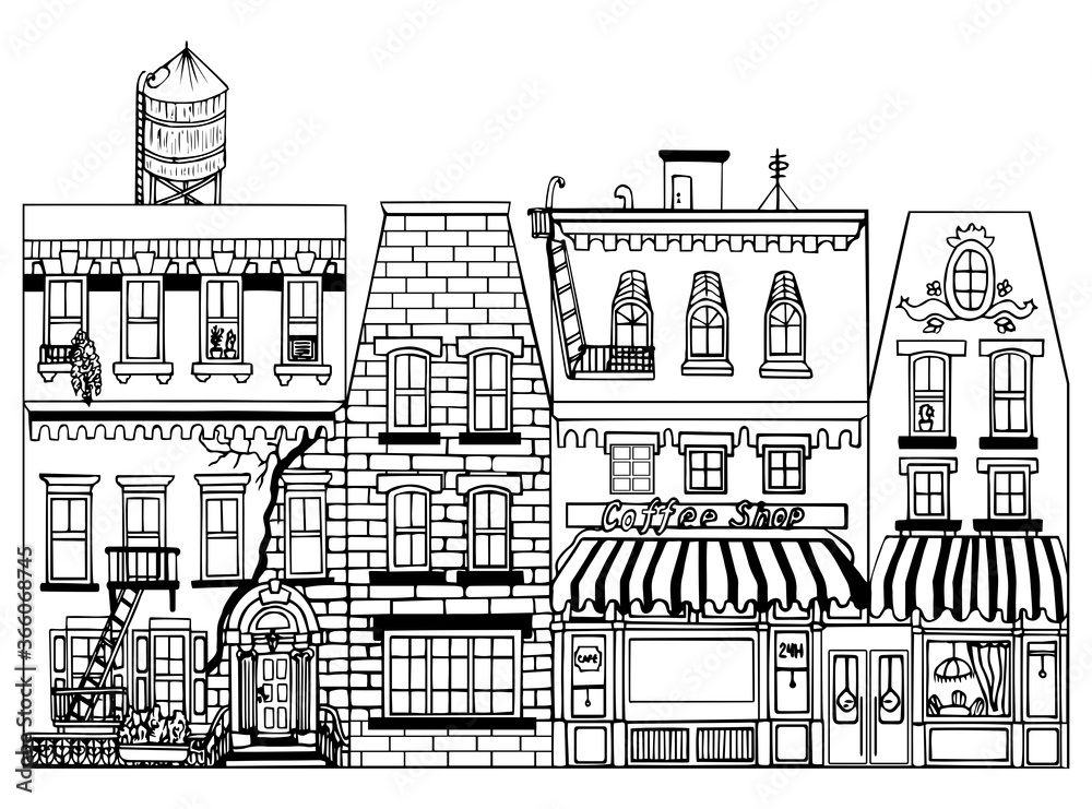 Hand drawn funny sketch cityscape with apartment house. Vector illustration.
Doodle of city buildings. Monochrome house. Picture for decoration and coloring. Children's wallpaper. Ancient style.