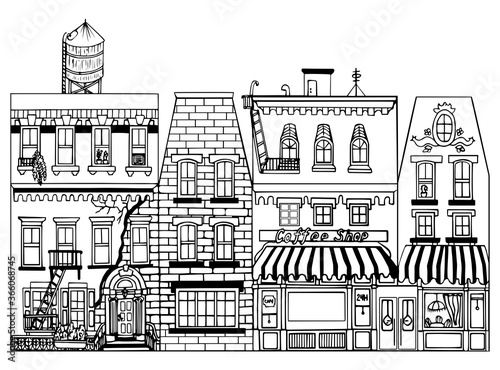 Hand drawn funny sketch cityscape with apartment house. Vector illustration. Doodle of city buildings. Monochrome house. Picture for decoration and coloring. Children's wallpaper. Ancient style.