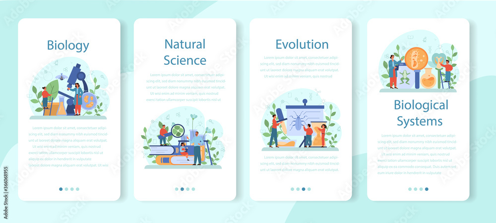 Biology school subject mobile application banner set. Scientist