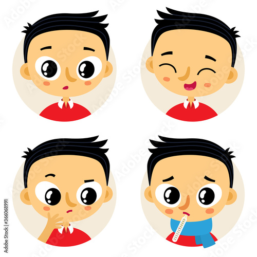 Cute vector set of four asian boy emotions and facial expressions