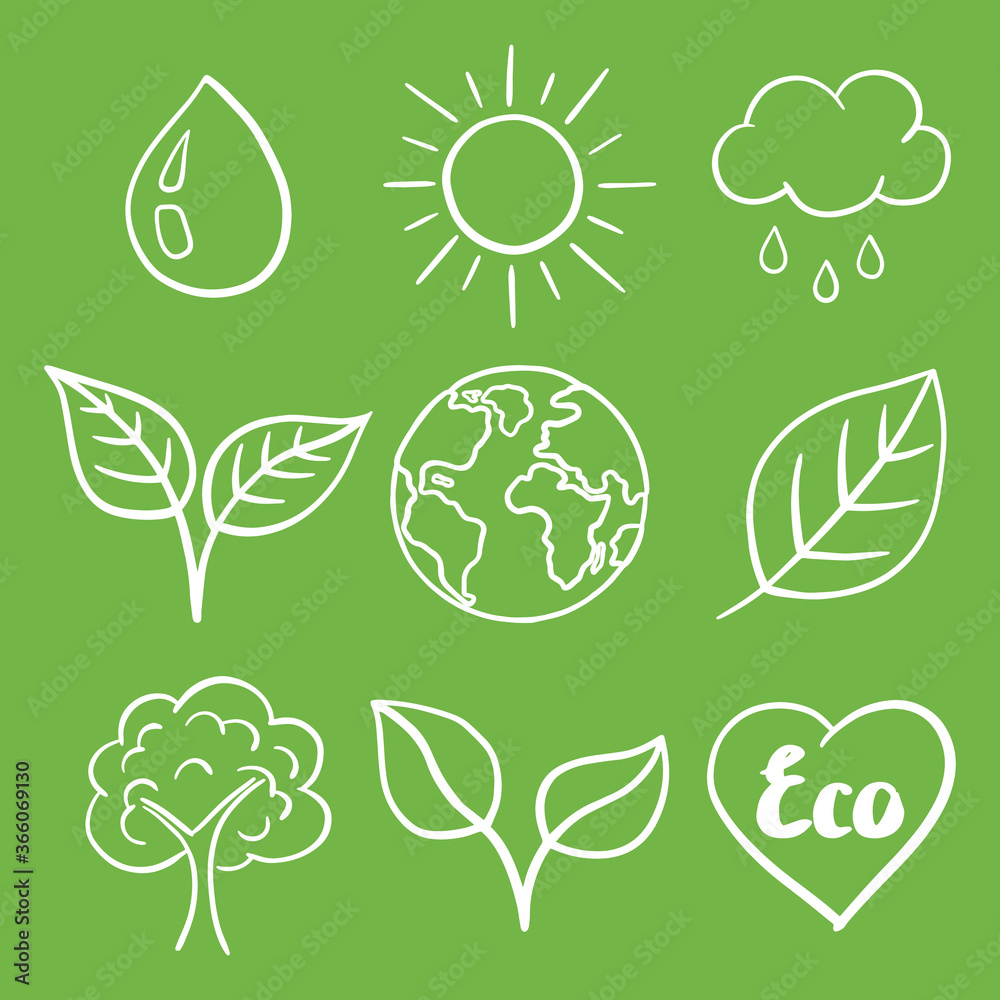 Set of hand drawn ecological signs. White symbols on a green background. Vector illustration in the Doodle style.