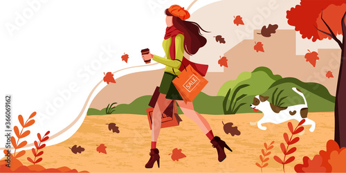 Girl walks with dog in park carry shopping bags in autumn garden with leaves falling and windy weather. Concept of banner template of Fall Season Sale for promoting discount in Mall or shop business.