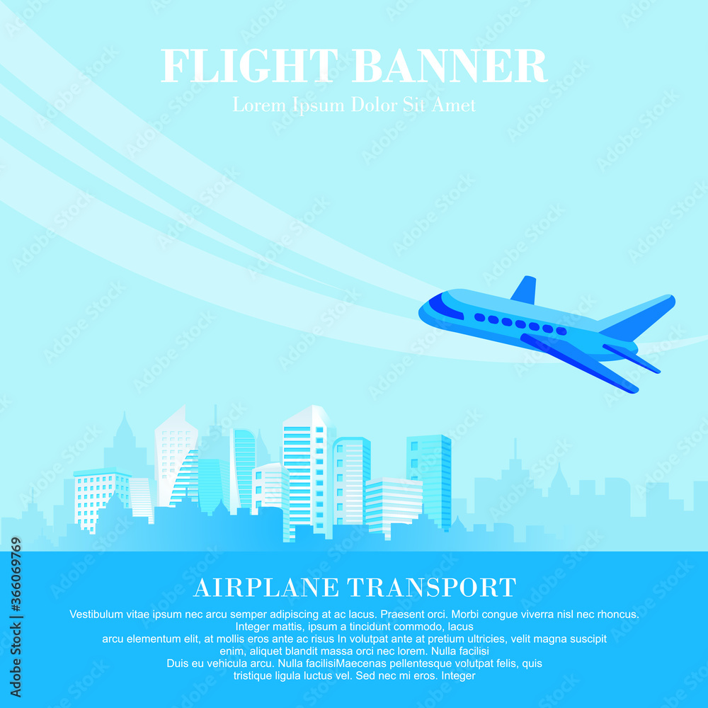 Airplane flying over city skyscrapers. with blue sky, cloud and blue city skyline background. Flat vector Illustration
