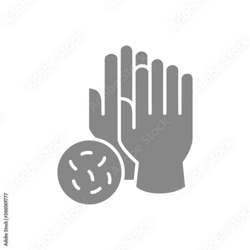 Medical gloves with bacteria gray icon. Hand protective, precautionary measures symbol