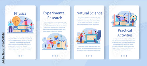 Physics school subject mobile application banner set. Scientist explore