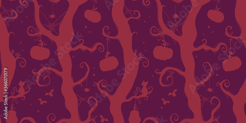 Fun hand drawn halloween seamless pattern, spooky branches and spiderwebs, pumpkins and bats - great for textiles, banners wrapping - vector design