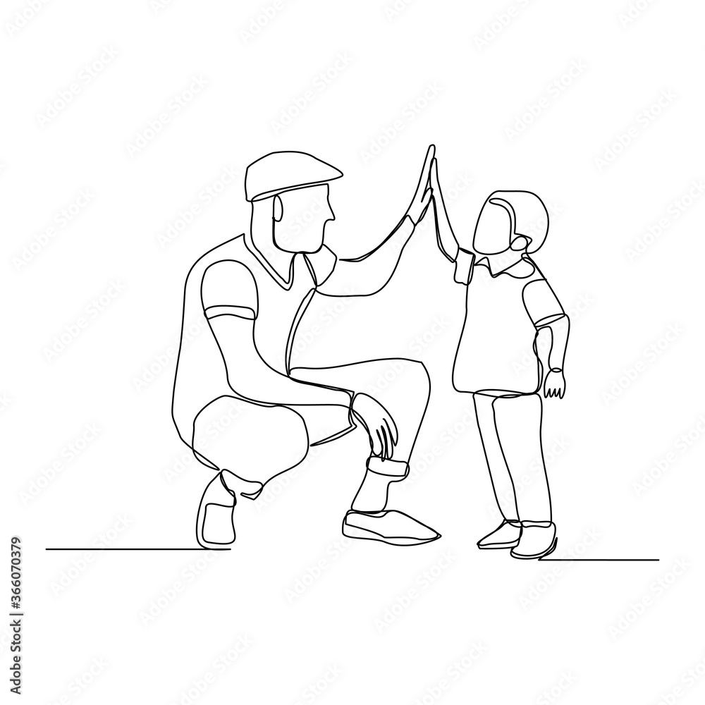 Continuous line drawing of father dad give high five to child for success. Single line concept of parenting. Vector illustration.