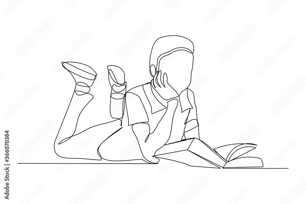 Continuous line drawing child boy sitting and read a book. Single line ...