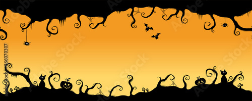 Fun hand drawn horizontal halloween seamless pattern, spooky branches and spiderwebs, pumpkins and bats - great for textiles, banners wrapping - vector design
