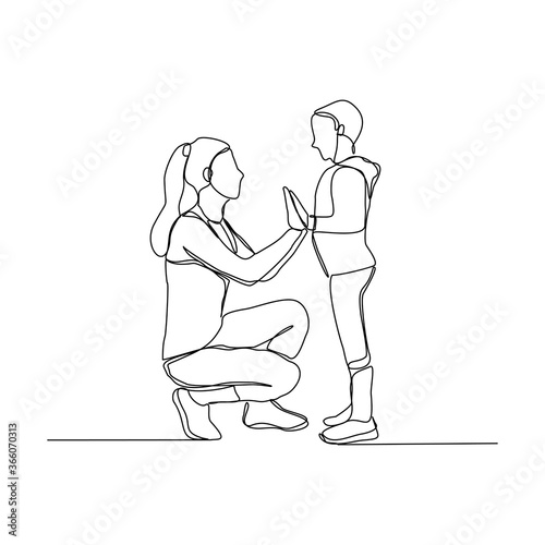 Continuous line drawing of mother give high five to child for success. Single line concept of parenting. Vector illustration.