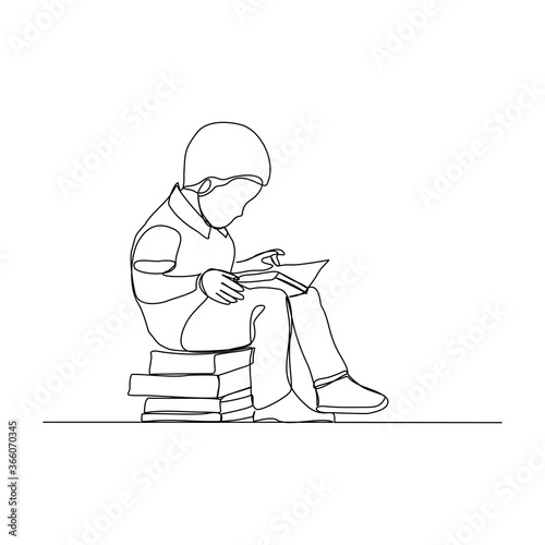 Continuous line drawing child boy sitting and read a book. Single line concept of education. Vector illustration