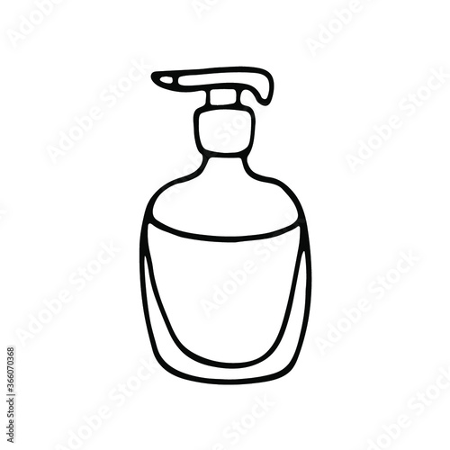 Liquid soap hand drawn with a black line. Antibacterial agent. Coloring.Hand Sanitizer Gel Pump Dispenser.Bottle with dispenser airless pump. Hand sanitizer soap dispenser.Monochromatic 