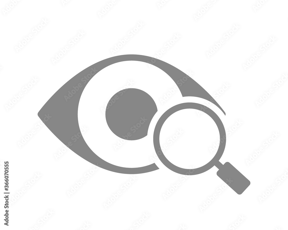 Human eye with magnifying glass grey icon. Visual system research, disease prevention symbol Human eye with magnifying glass grey icon. Visual system research, disease prevention symbol