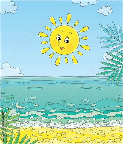 Friendly smiling yellow sun shining over blue water of a golden sandy beach with palm branches on a beautiful island in a tropical sea on a summer day, vector cartoon illustration