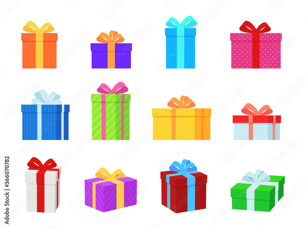 Gift box. Colorful present boxes with bright ribbons and bows, modern packing for christmas gifts, decorative stylish wrap flat vector set