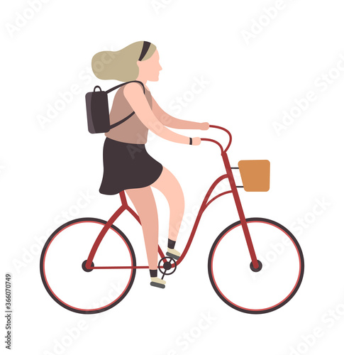 Woman riding on bicycle. Simple character cyclist girl rides on bike. Outdoor activities in park, healthy lifestyle. Flat vector cartoon isolated illustration