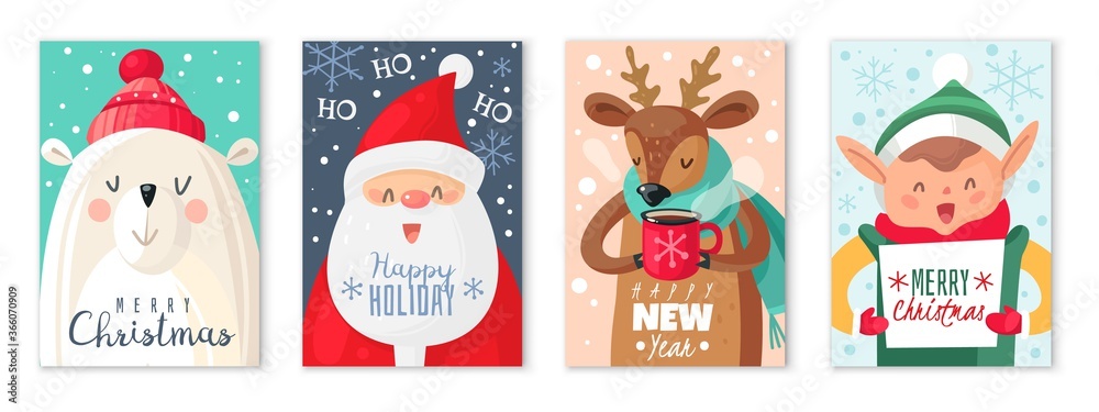 Fototapeta premium Christmas cards. Happy Merry Christmas and New Year greeting card with cute santa claus and cute animals, xmas gift cartoon vector set