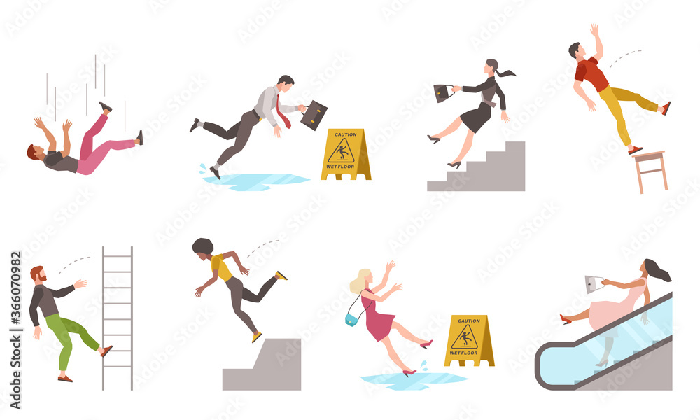 Falling down people. Tripping on stairs and drop from altitude, slipping  wet floor, person injury, dangerous dropping from chair, accident vector  flat isolated characters Stock Vector