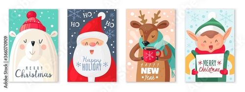 Christmas cards. Happy Merry Christmas and New Year greeting card with cute santa claus and cute animals, xmas gift cartoon vector set