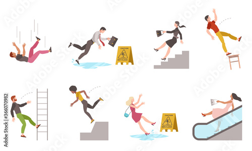 Falling down people. Tripping on stairs and drop from altitude, slipping wet floor, person injury, dangerous dropping from chair, accident vector flat isolated characters
