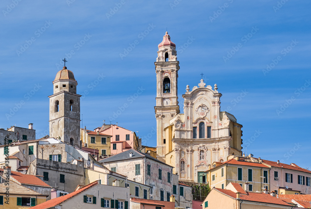 Imperia Cervo and San Giovanni Battista church in Liguria. Old medieval town in Italy. Travel destination. Mediterranean sea.