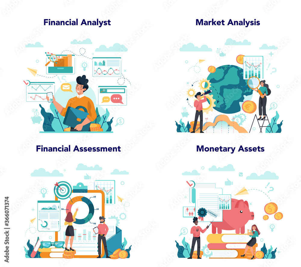 Financial analyst or consultant set. Business character making Financial analyst or consultant set. Business character making