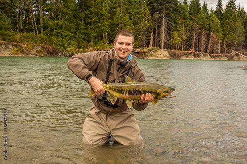 A happy sport fisherman proudly holding up his catch of a Chum Salmon, on the Kitimat River, Skeena Region, British Columbia, Canada