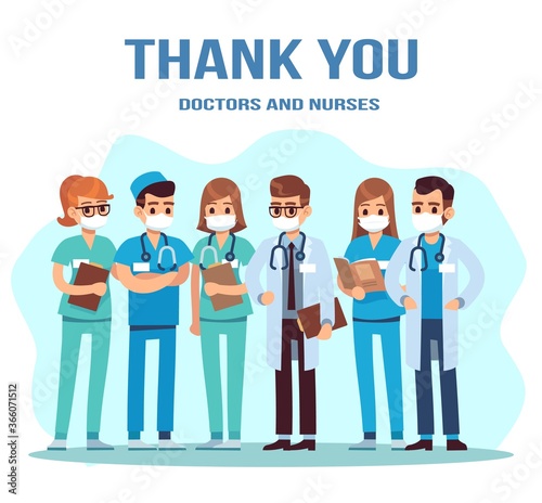 Thank you doctor and nurse. Team of young doctors for fighting the coronavirus, group of medical staff standing in uniform and masks, pandemic concept vector cartoon illustration