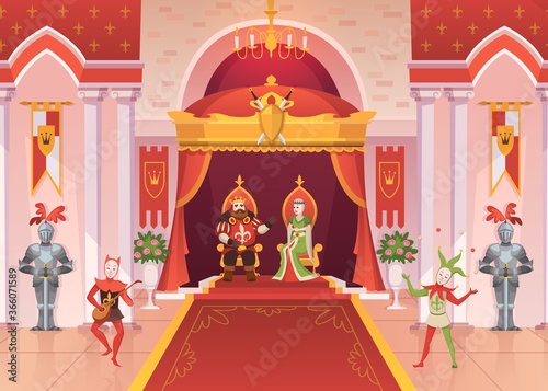 King and queen. interior medieval royal palace throne monarchy ceremony room, fantasy jesters and knights, fairy tale cartoon vector characters