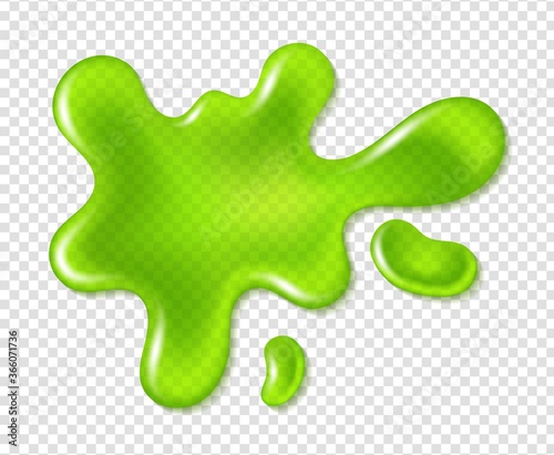 Green blob splatter slime. Realistic dirty mucus, paint drip, toxic shiny liquid, spot of poison dribble vector template isolated on transparent background