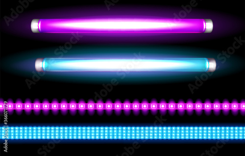 Neon tube lamps and led strips, long luminescence blue and purple light bulbs for night club, or bar signboards, fluorescent lighting. Halogen glowing elements, Realistic 3d vector illustration set